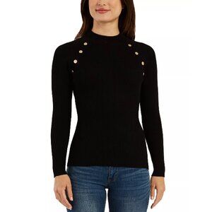Rainbow Black Long Sleeve Mock Neck Ribbed Button Detail Top